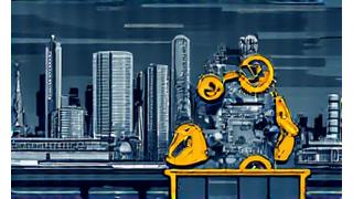 Abstract illustration representing manufacturing, with gears, assembly lines, and robotic arms, for industrial roles.